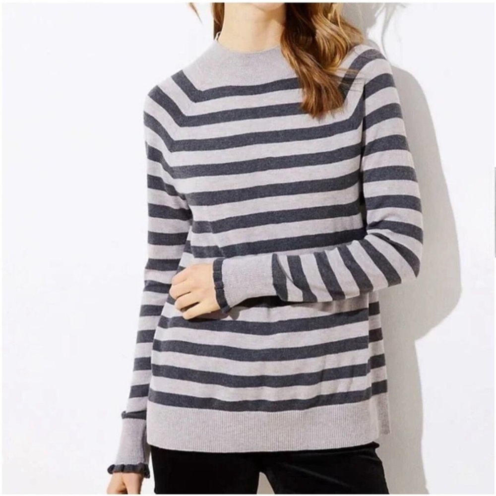 LOFT Ruffle Cuff Mock Neck Sweater Womens LP Grey NWT Striped Casual 477860